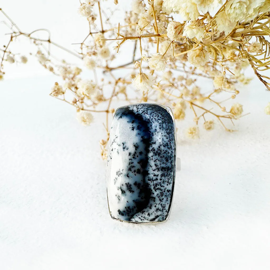 Natural Freeform Rectangular Cut Dendritic Agate Silver Ring - 30mm x 18mm
