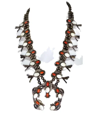 Navajo Coral and Mother of Pearl Sterling Silver Squash Blossom Necklace