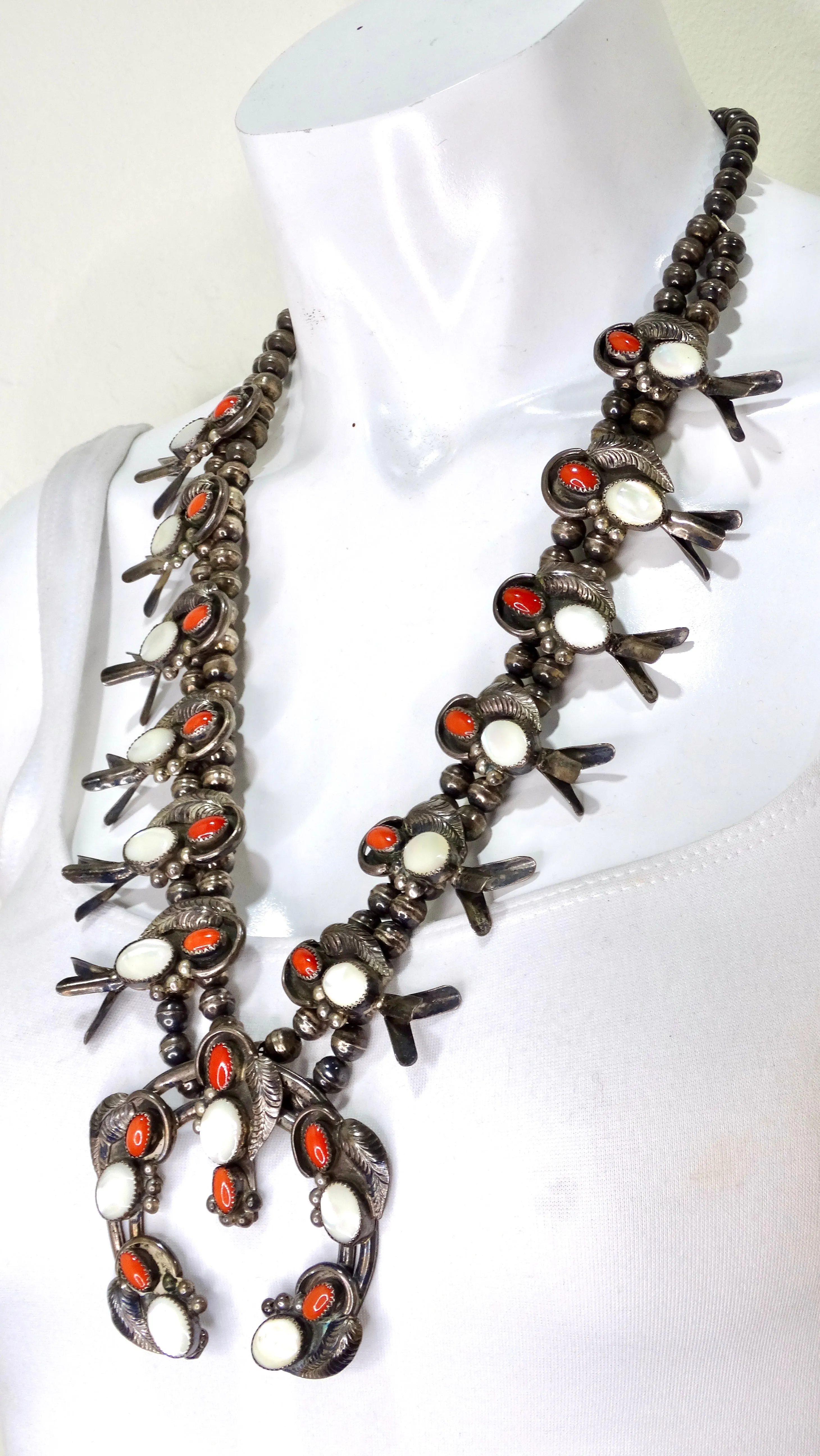 Navajo Coral and Mother of Pearl Sterling Silver Squash Blossom Necklace