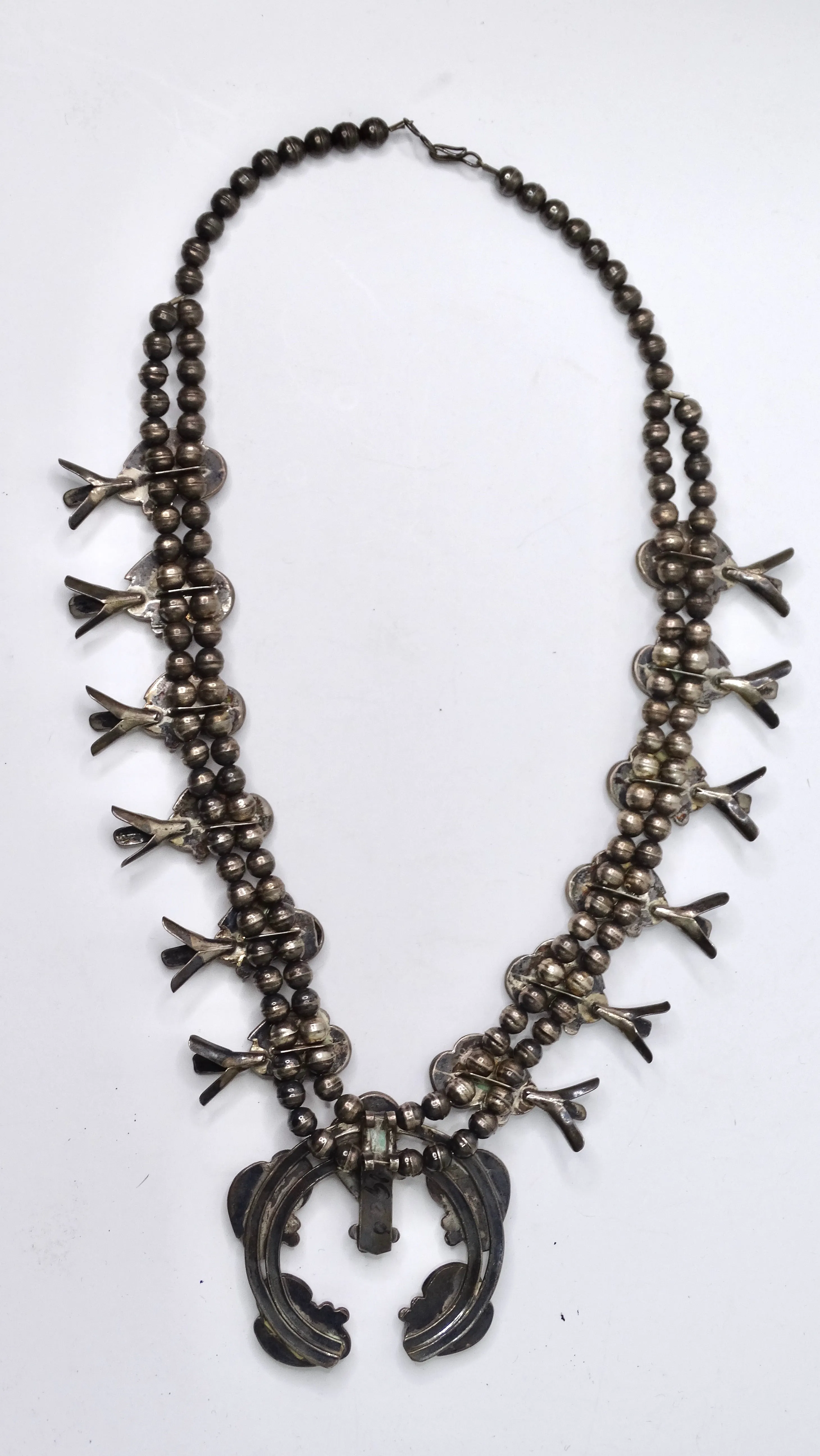 Navajo Coral and Mother of Pearl Sterling Silver Squash Blossom Necklace