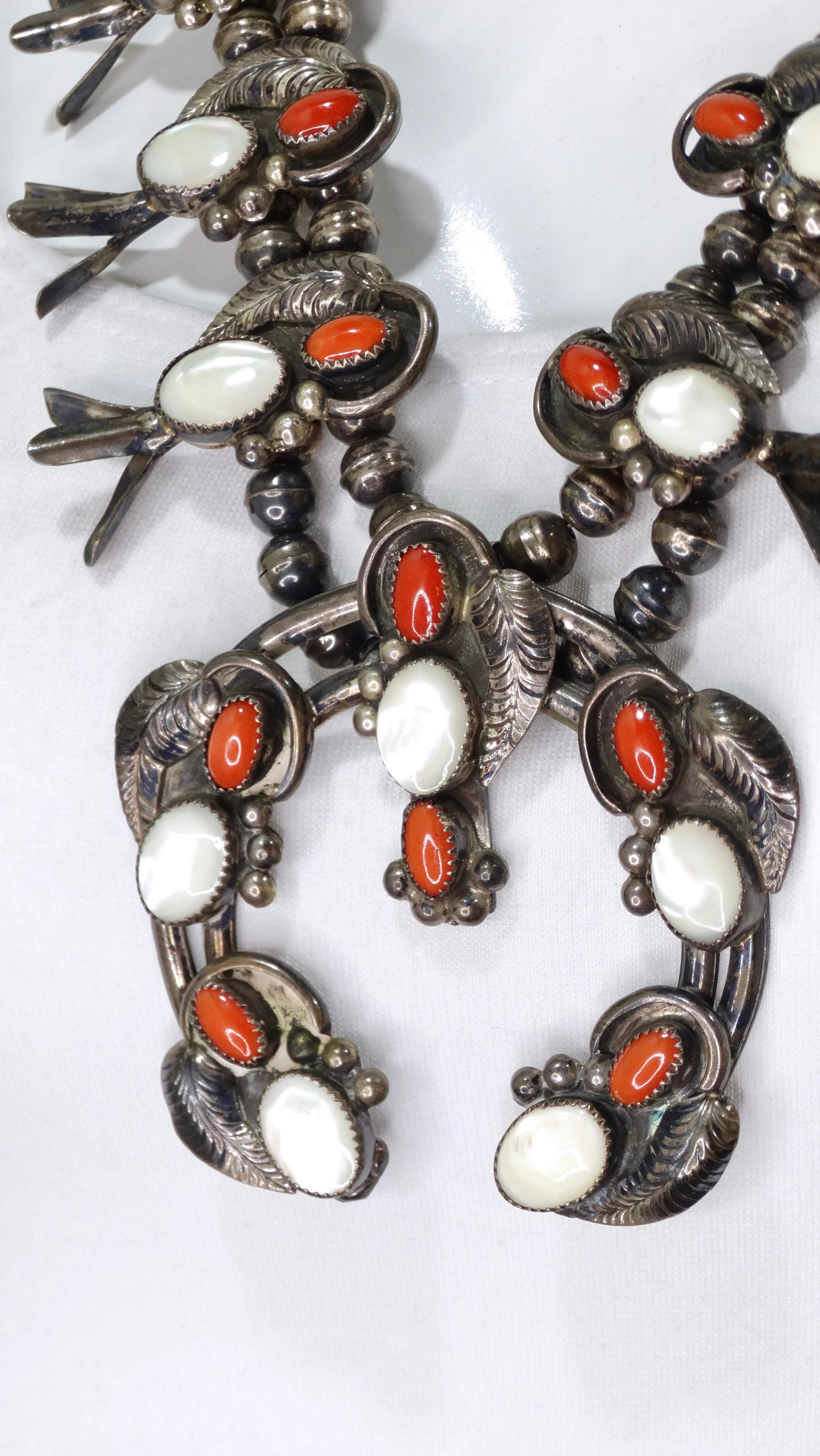 Navajo Coral and Mother of Pearl Sterling Silver Squash Blossom Necklace