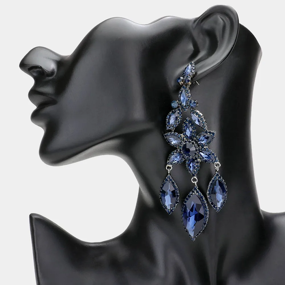 Navy Flower Triple Marquise Stone Chandelier Evening Earrings   | Statement Earrings | 608511
