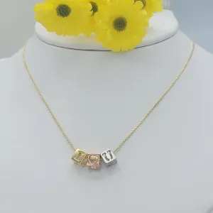 Necklaces - Tri Color Gold Plated. I LOVE YOU I -Heart- U cube charms Necklace.