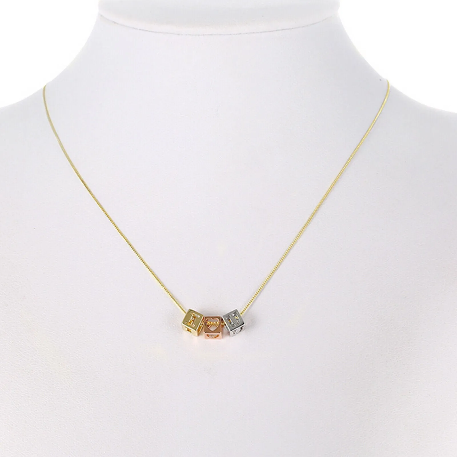 Necklaces - Tri Color Gold Plated. I LOVE YOU I -Heart- U cube charms Necklace.
