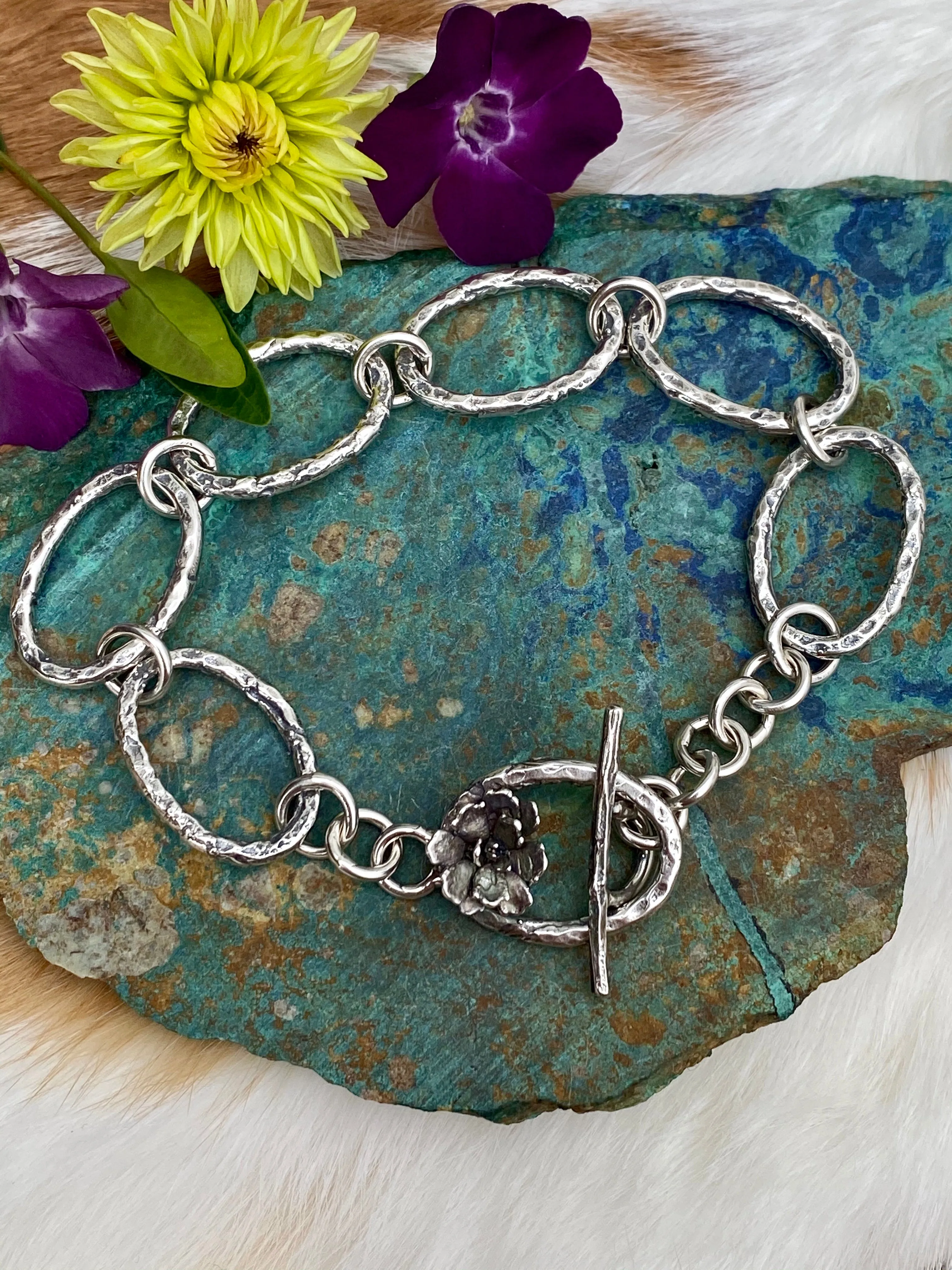 Oval hammered hand cast sterling silver bracelet