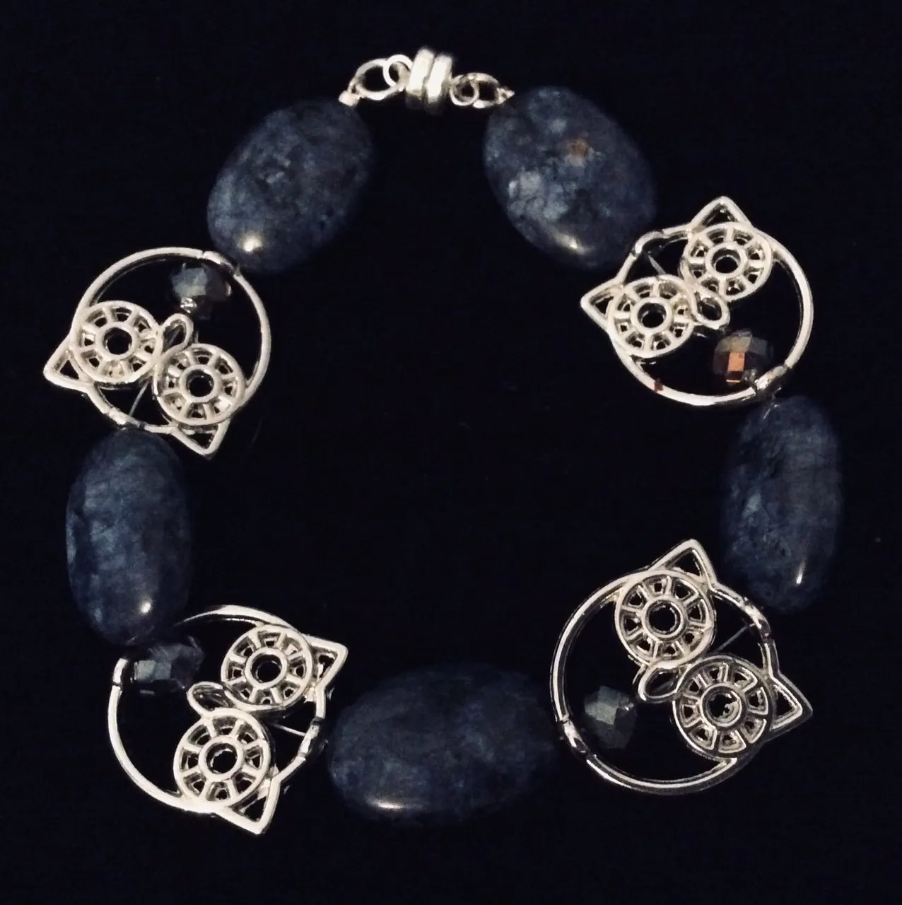 Owl Bracelet with Pure Polished Blue Sodalite Blue Crystals Magnetic Closure