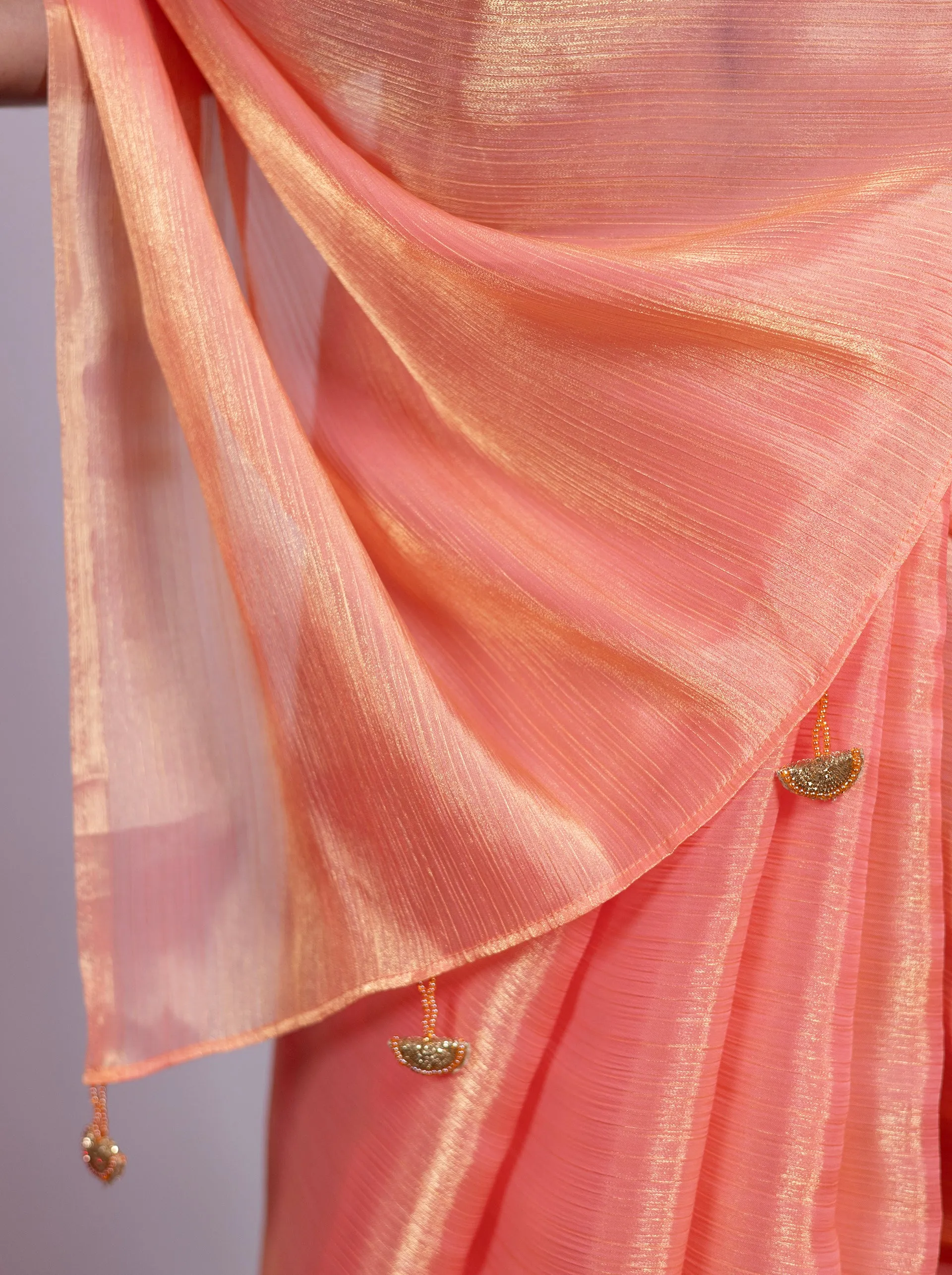 Peach Gold Galaxy Metallic Chiffon Saree with Blouse Fabric