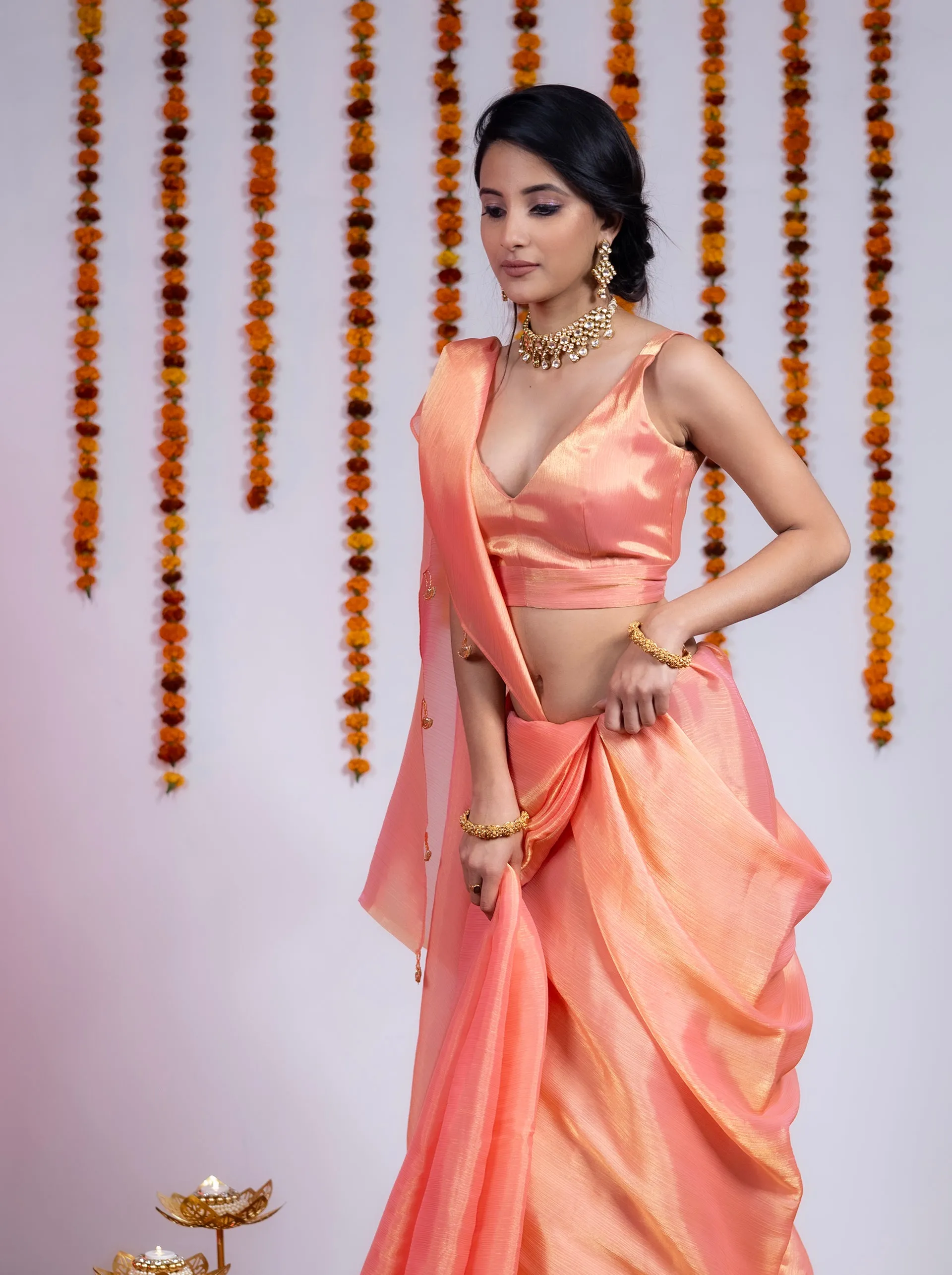 Peach Gold Galaxy Metallic Chiffon Saree with Blouse Fabric