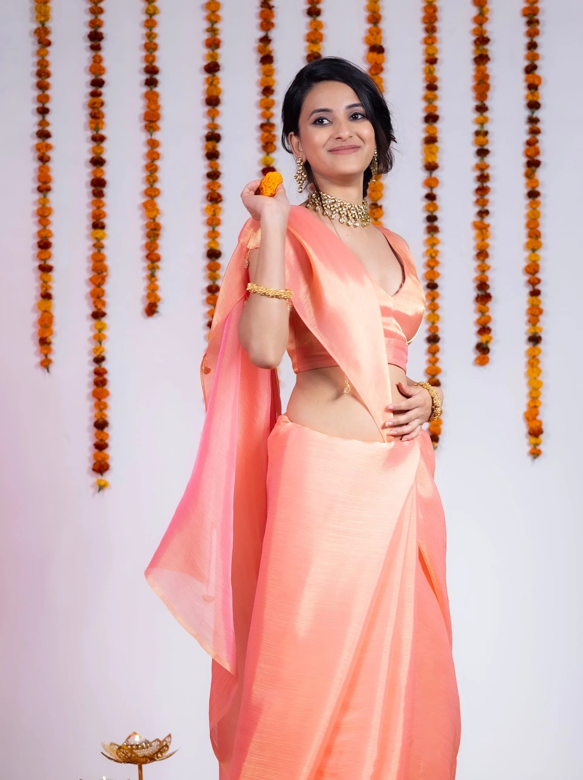 Peach Gold Galaxy Metallic Chiffon Saree with Blouse Fabric