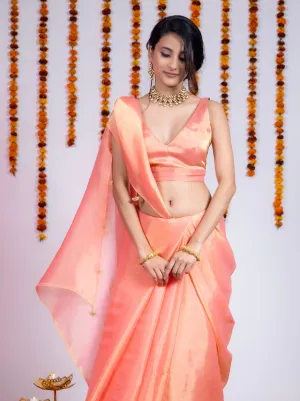 Peach Gold Galaxy Metallic Chiffon Saree with Blouse Fabric