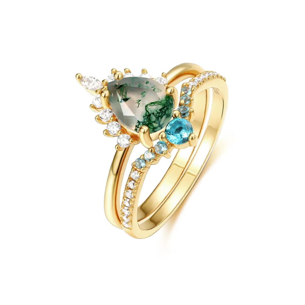 Pear-shaped Moss Agate Stone with Diamonds Ring