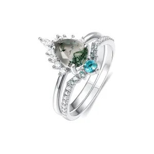 Pear-shaped Moss Agate Stone with Diamonds Ring