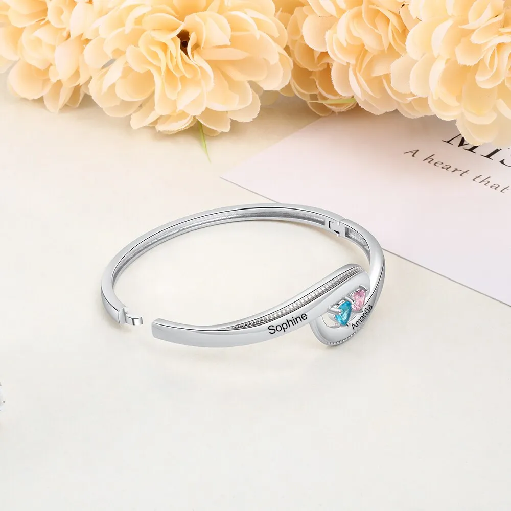 Personalized 2 Names And Heart-Shaped Stones Bracelets