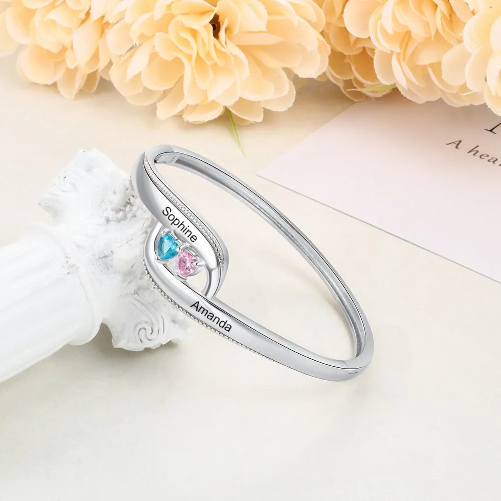 Personalized 2 Names And Heart-Shaped Stones Bracelets
