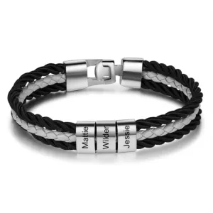 Personalized Braided Layered Leather Name Engraved Bracelets