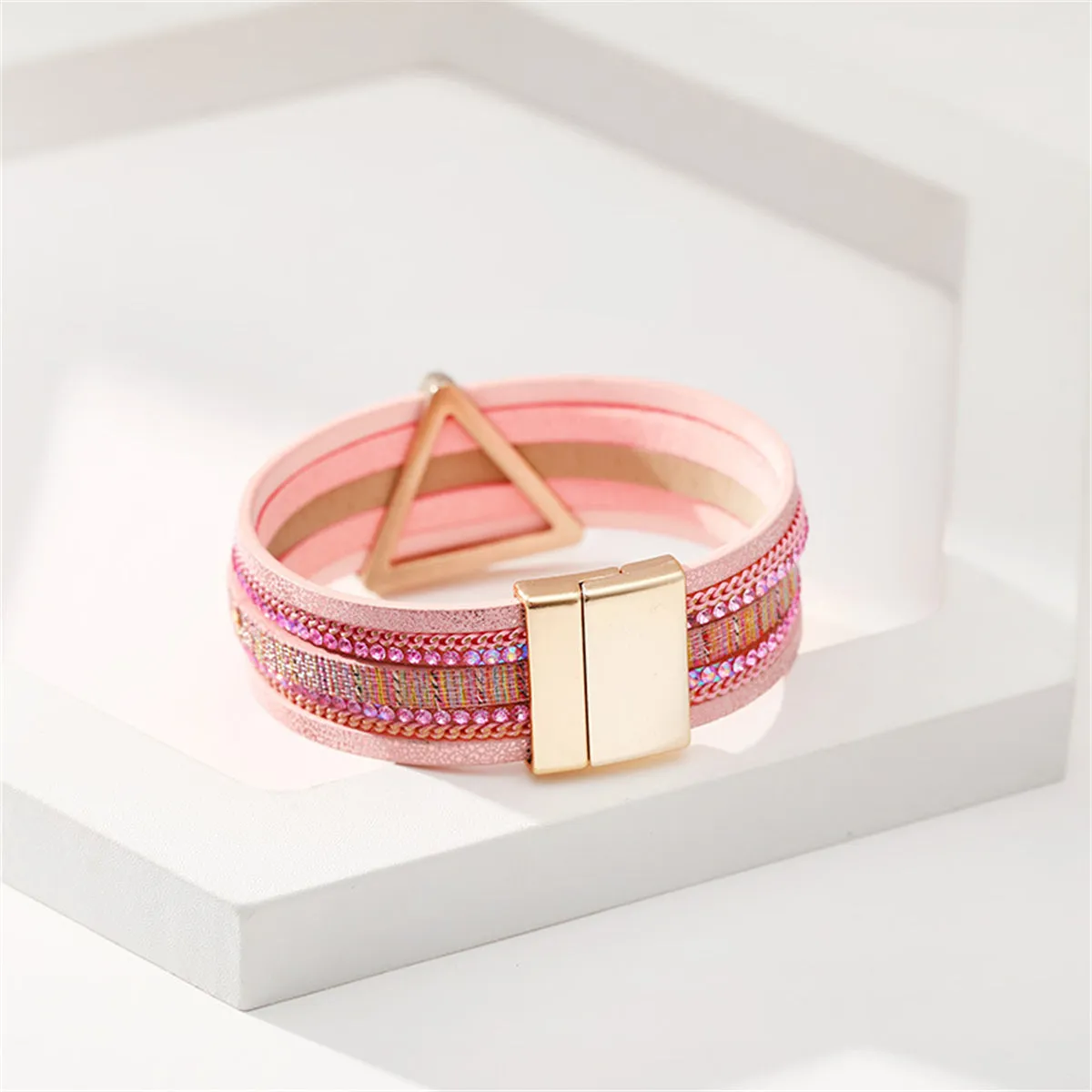 Pink Polystyrene & Cubic Zirconia Triangle Layered Bracelet