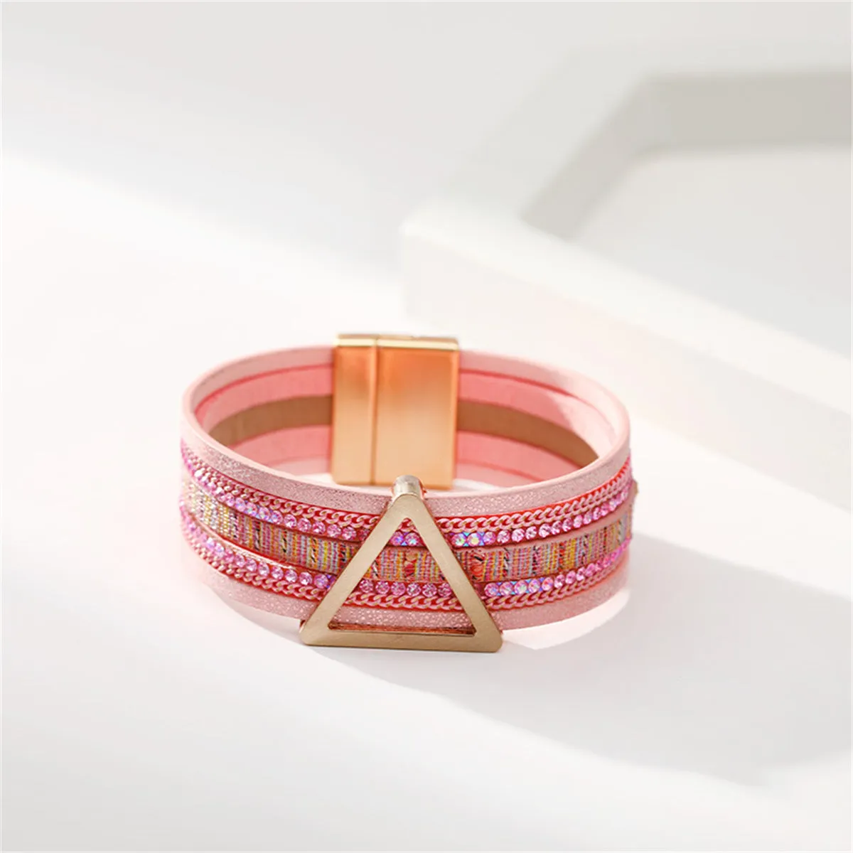 Pink Polystyrene & Cubic Zirconia Triangle Layered Bracelet