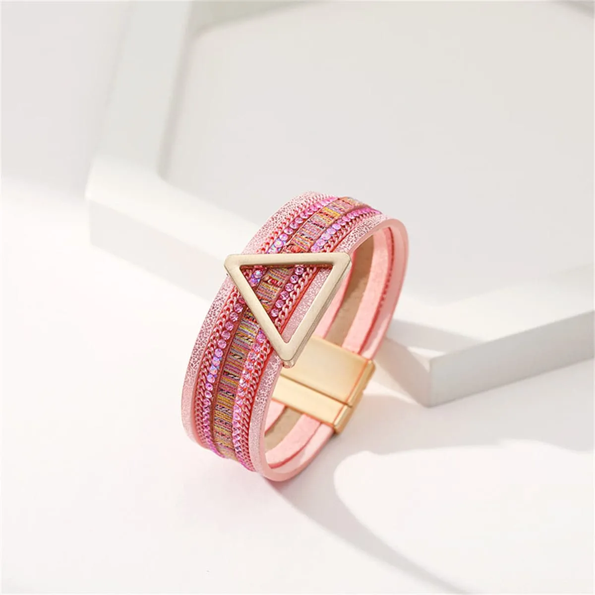 Pink Polystyrene & Cubic Zirconia Triangle Layered Bracelet