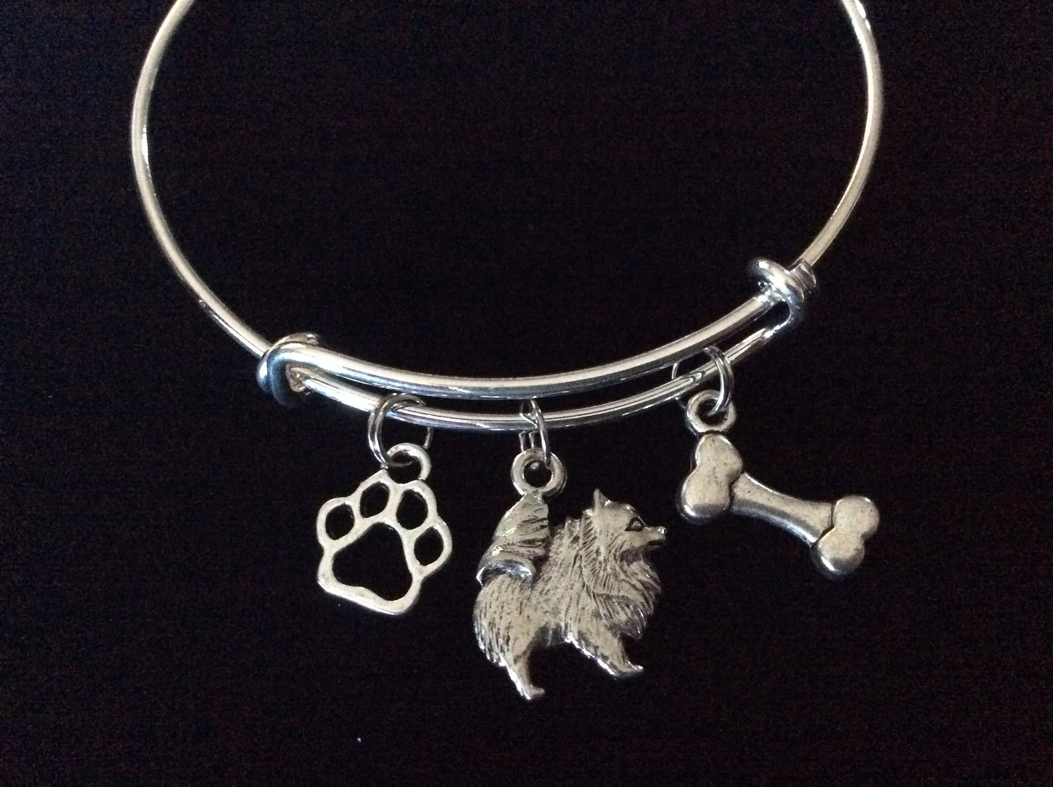 Pomeranian Dog Charm on a Silver Expandable Adjustable Bangle Bracelet Double Sided Charms Meaningful Dog Lover Gift