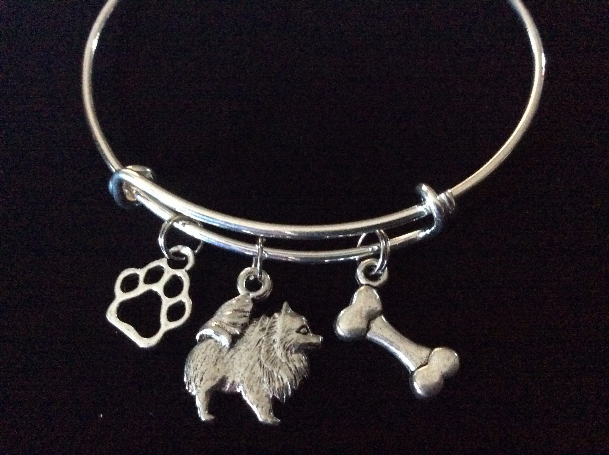 Pomeranian Dog Charm on a Silver Expandable Adjustable Bangle Bracelet Double Sided Charms Meaningful Dog Lover Gift