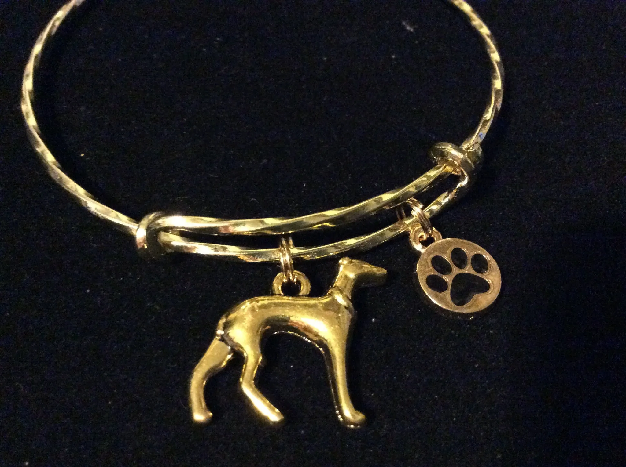 Protection charm 3D Greyhound Dog Charm on a Gold Twisted Expandable Bracelet Adjustable Wire Bangle Handmade in America Dog Lover Gift Trendy