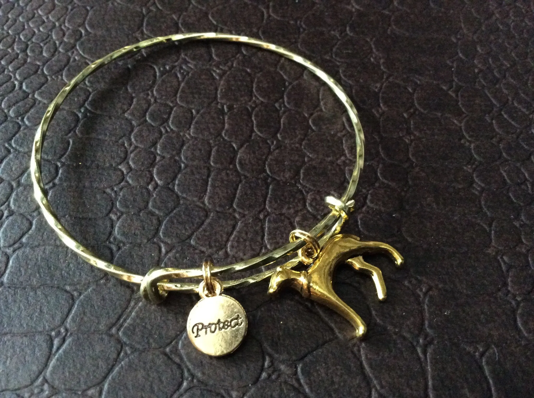 Protection charm 3D Greyhound Dog Charm on a Gold Twisted Expandable Bracelet Adjustable Wire Bangle Handmade in America Dog Lover Gift Trendy
