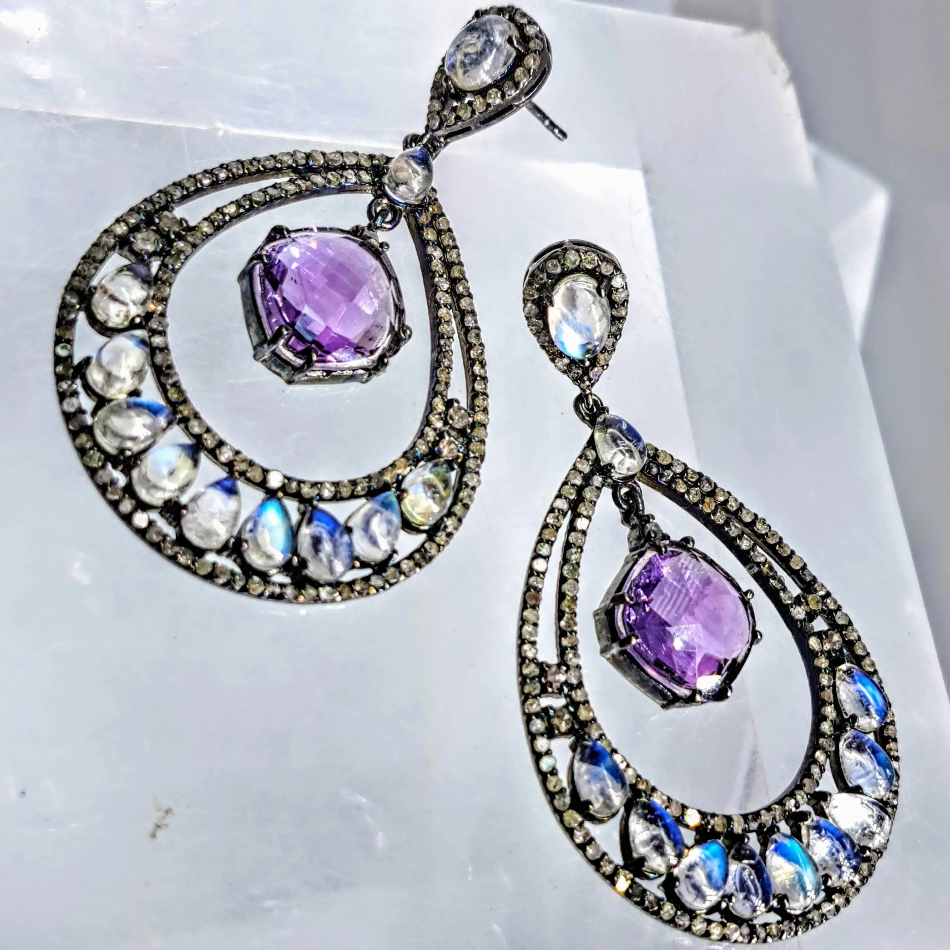 "After Glow" 2.75" Earrings - Moonstone, Diamonds, Amethyst, Black Sterling