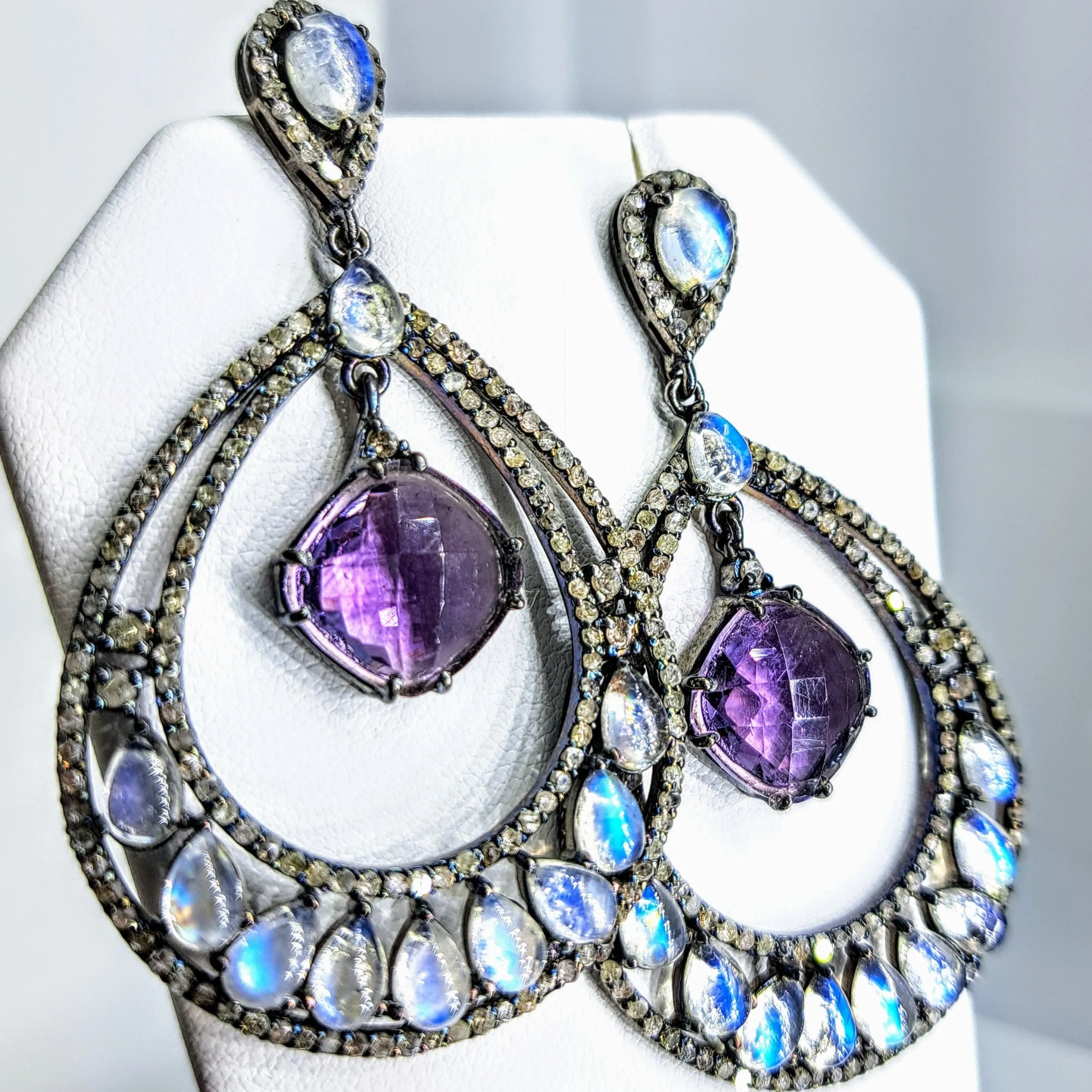 "After Glow" 2.75" Earrings - Moonstone, Diamonds, Amethyst, Black Sterling