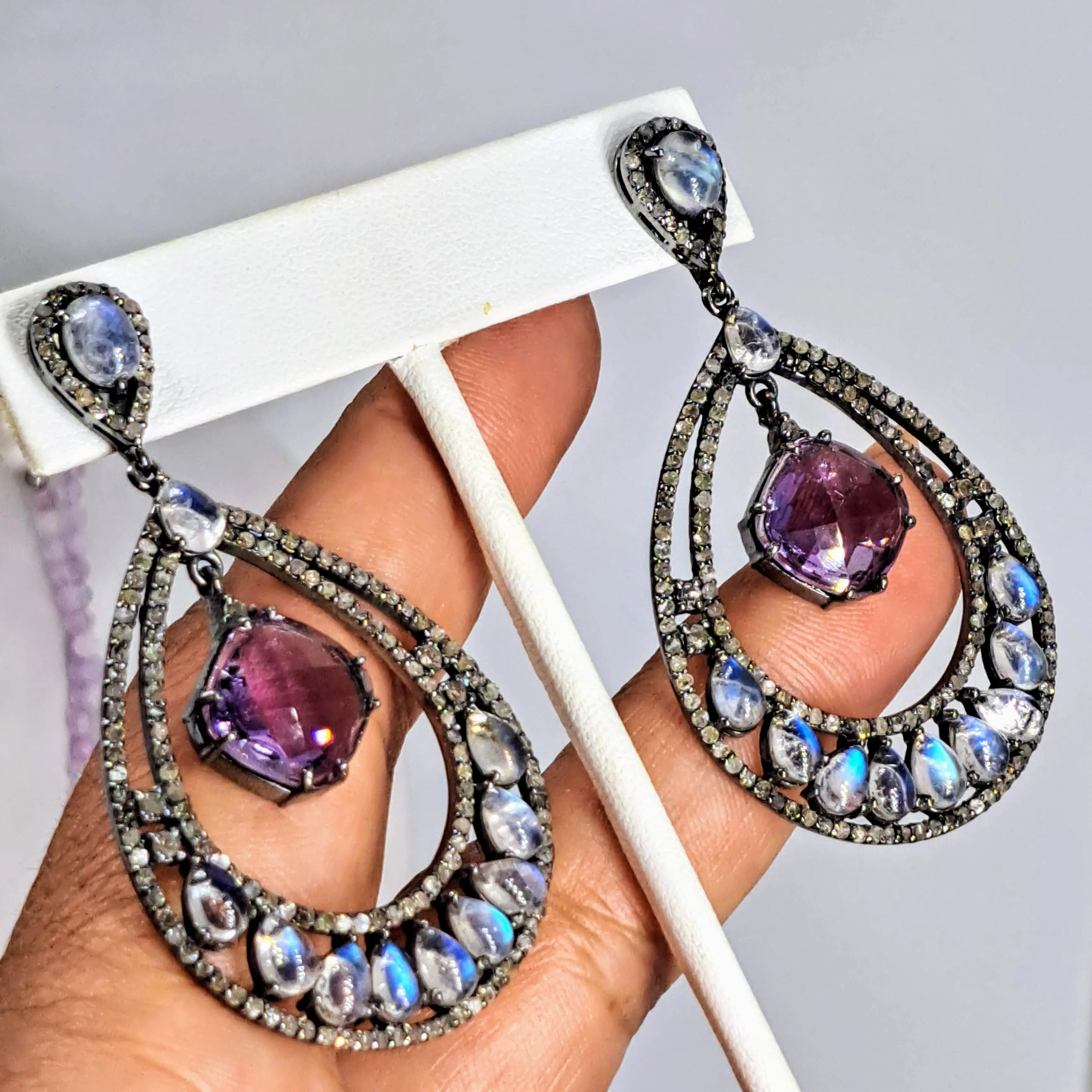 "After Glow" 2.75" Earrings - Moonstone, Diamonds, Amethyst, Black Sterling