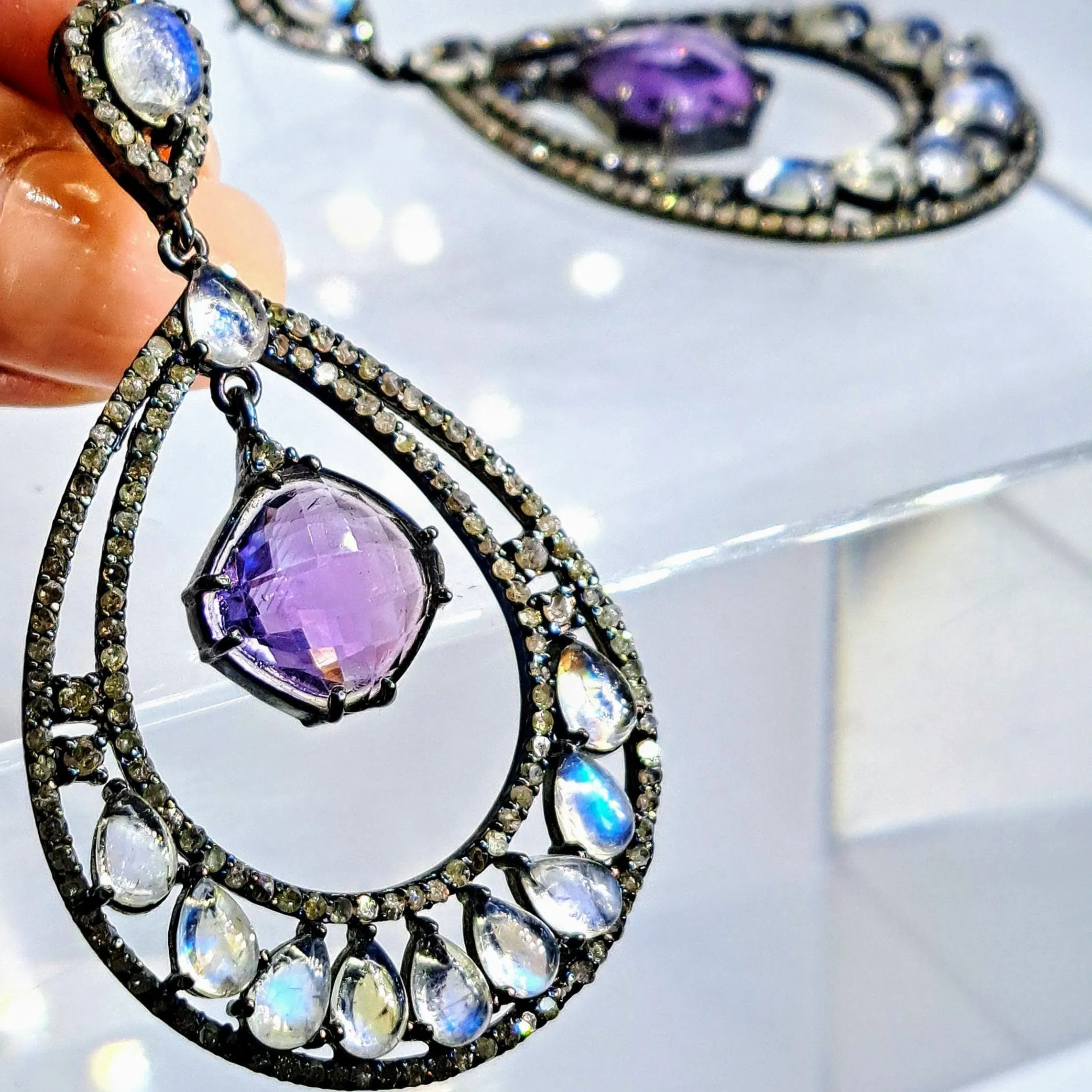 "After Glow" 2.75" Earrings - Moonstone, Diamonds, Amethyst, Black Sterling