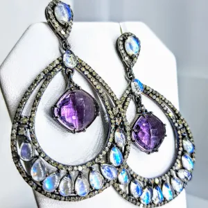 "After Glow" 2.75" Earrings - Moonstone, Diamonds, Amethyst, Black Sterling