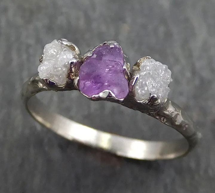 Raw Sapphire Diamond White Gold Engagement Ring Purple Wedding Ring Custom One Of a Kind Gemstone Ring Three stone Ring byAngeline 0397