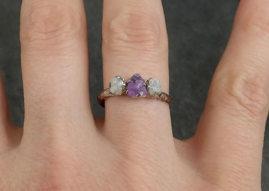 Raw Sapphire Diamond White Gold Engagement Ring Purple Wedding Ring Custom One Of a Kind Gemstone Ring Three stone Ring byAngeline 0397