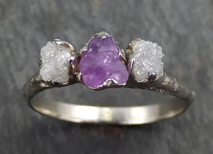 Raw Sapphire Diamond White Gold Engagement Ring Purple Wedding Ring Custom One Of a Kind Gemstone Ring Three stone Ring byAngeline 0397