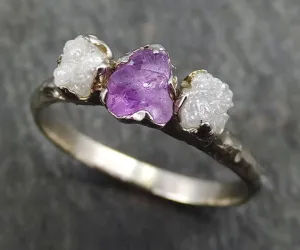 Raw Sapphire Diamond White Gold Engagement Ring Purple Wedding Ring Custom One Of a Kind Gemstone Ring Three stone Ring byAngeline 0397