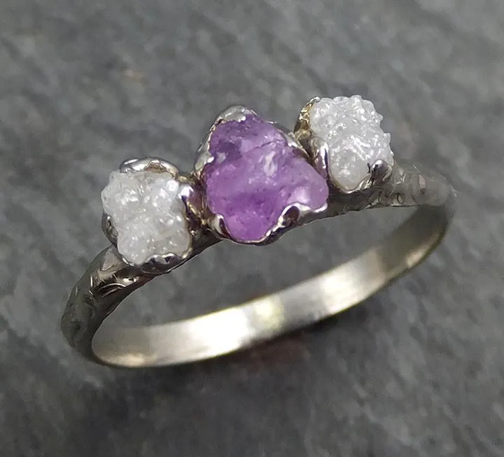 Raw Sapphire Diamond White Gold Engagement Ring Purple Wedding Ring Custom One Of a Kind Gemstone Ring Three stone Ring byAngeline 0397