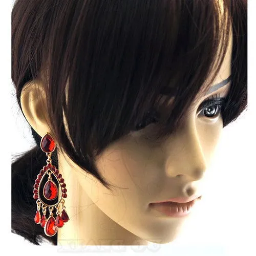 Red Glass Crystal Water Drop Bridal Chandelier Dangle Earrings Womens Jewelry