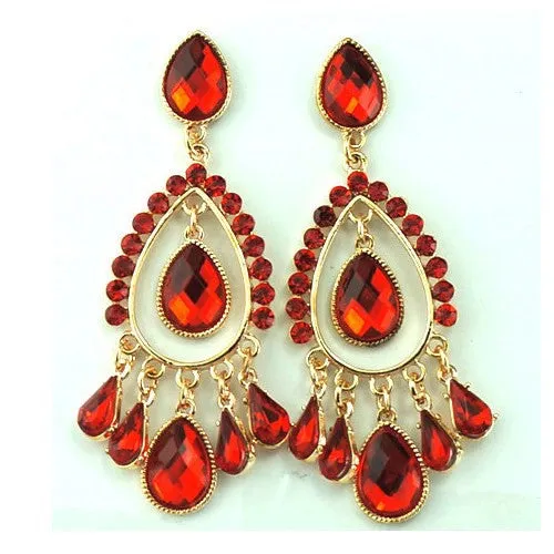 Red Glass Crystal Water Drop Bridal Chandelier Dangle Earrings Womens Jewelry