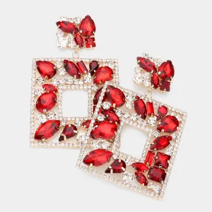 Red Multi Crystal Stone Square Chandelier Pageant Earrings | Prom Earrings | 552670