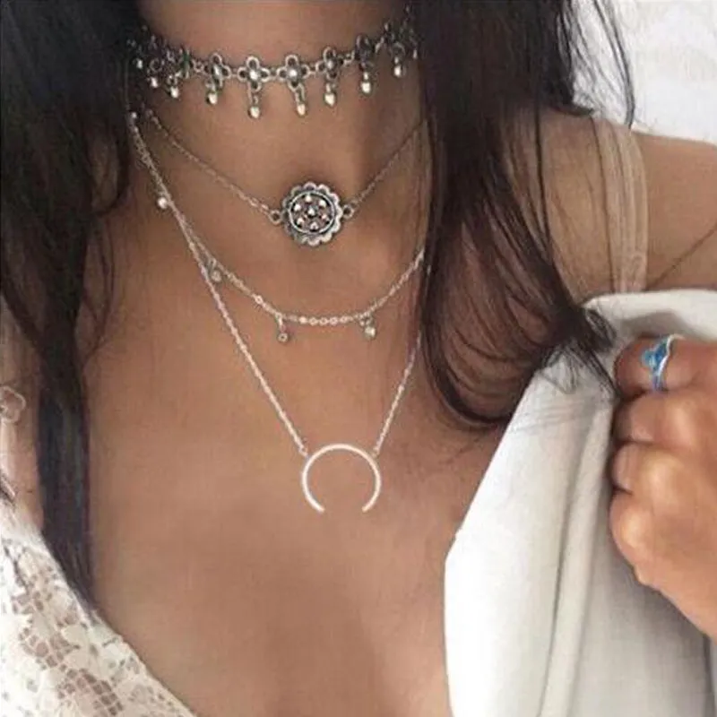 Retro Flower Tibetan silver layered chokers necklace women 2017 popular necklaces boho statement necklace bijouterie