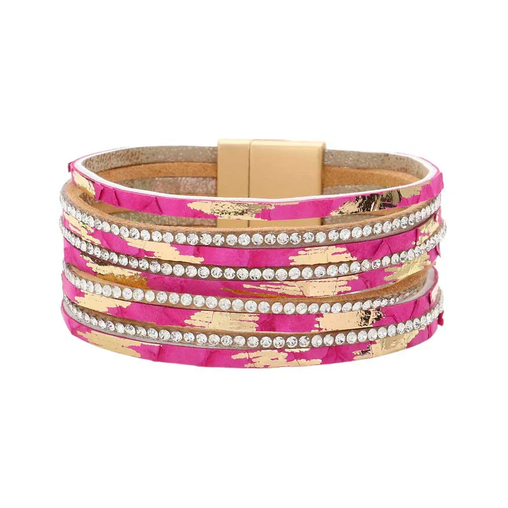 Rhinestone Paved Chain Faux Leather Magnetic Bracelet