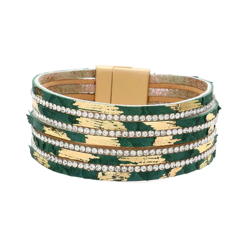 Rhinestone Paved Chain Faux Leather Magnetic Bracelet