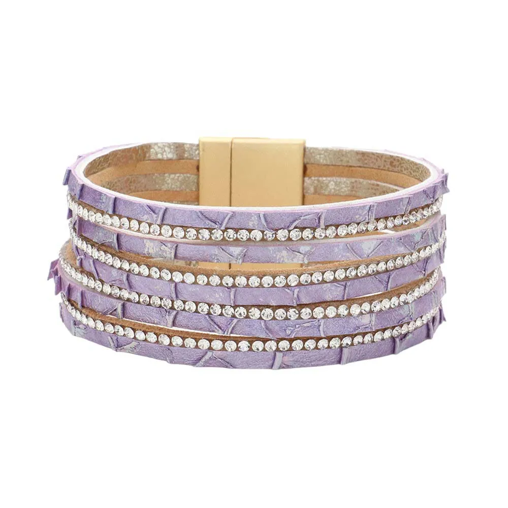 Rhinestone Paved Chain Faux Leather Magnetic Bracelet