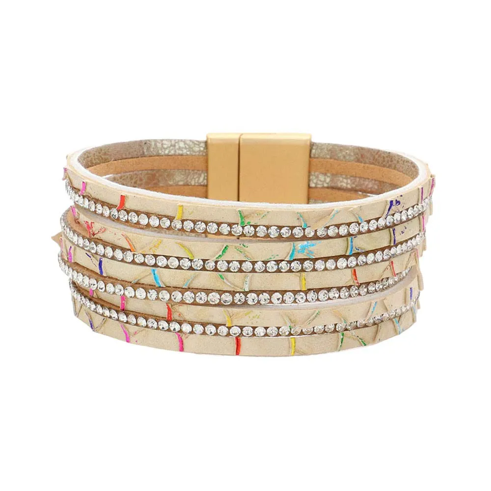 Rhinestone Paved Chain Faux Leather Magnetic Bracelet