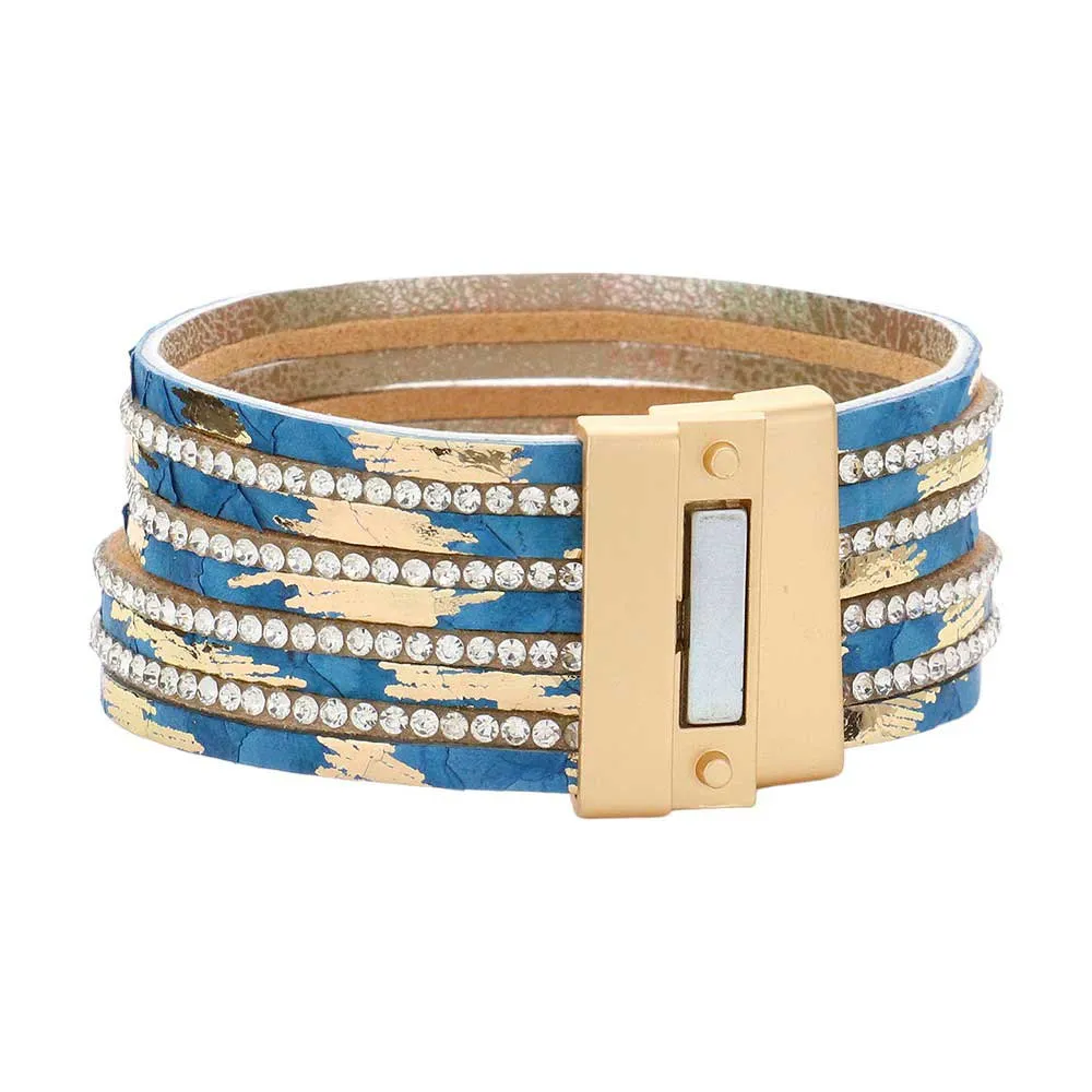 Rhinestone Paved Chain Faux Leather Magnetic Bracelet