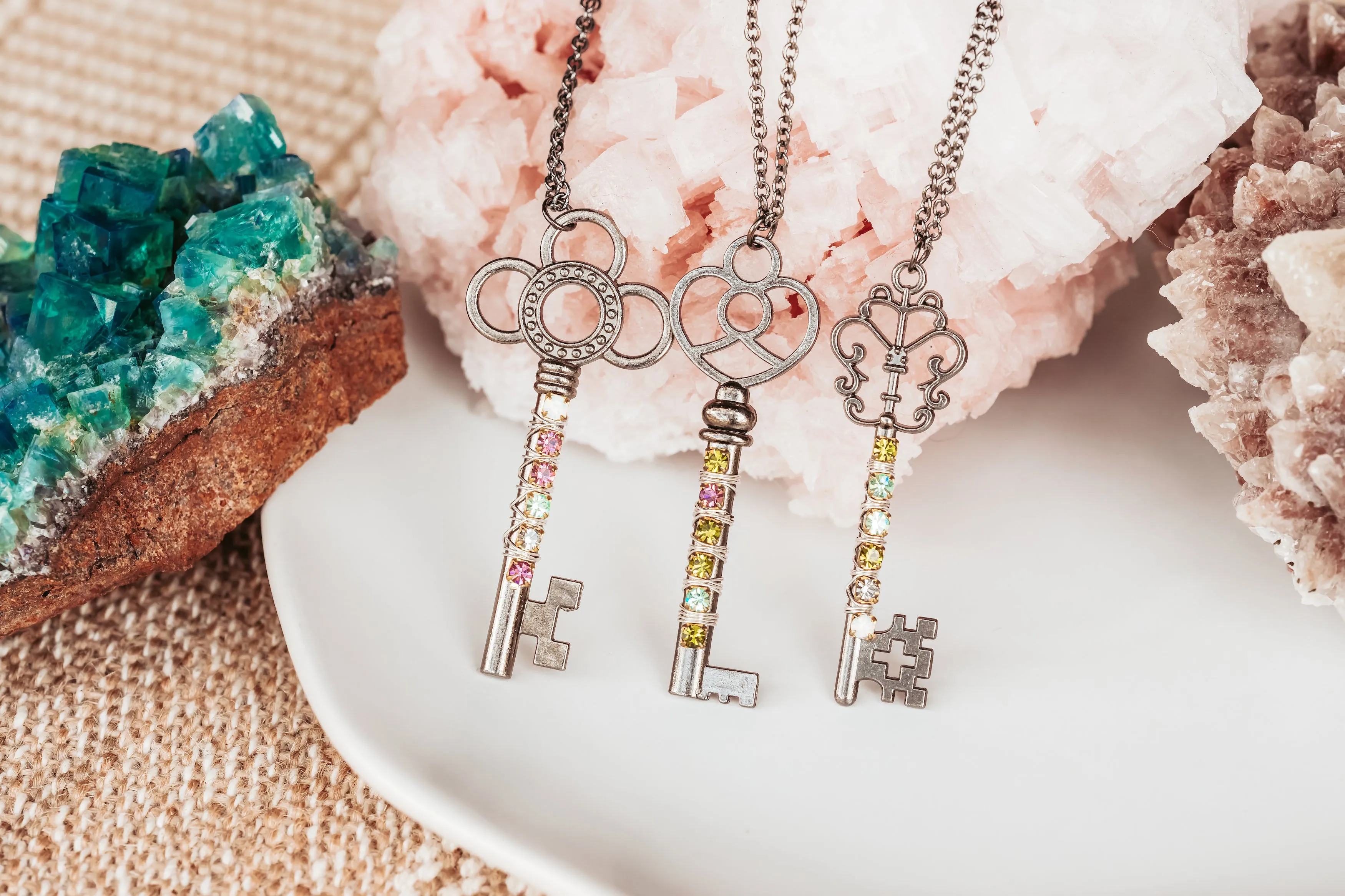 Rhinestone Wrapped Skeleton Key Necklace in Gunmetal