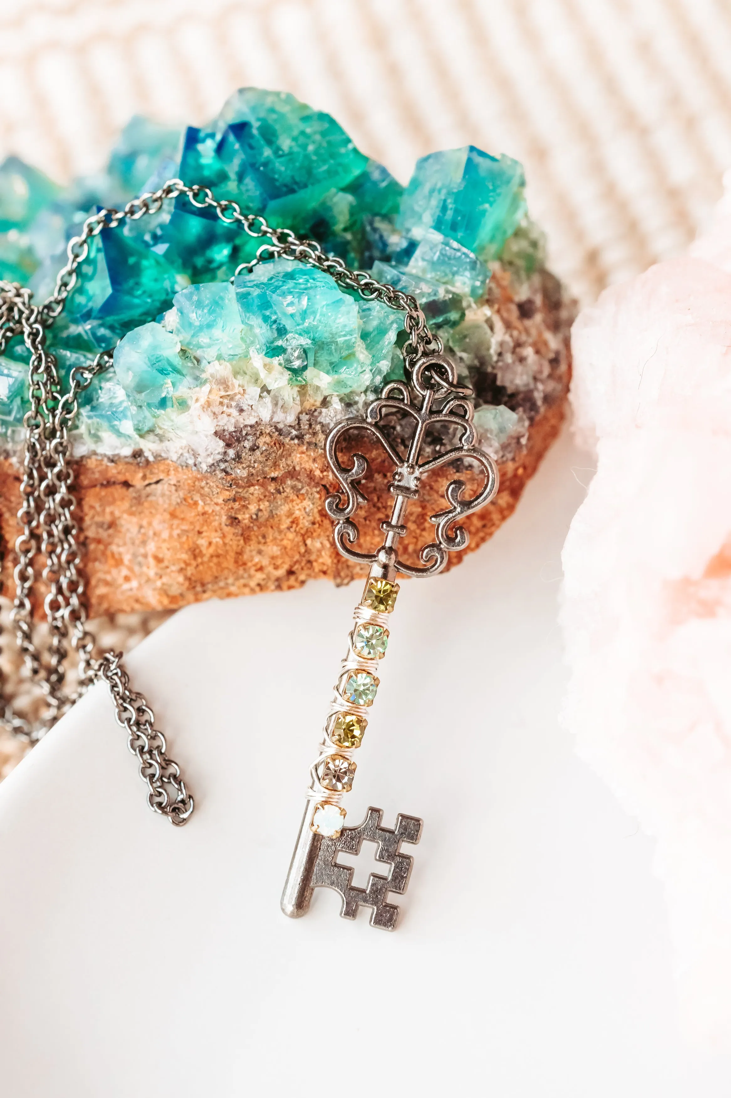 Rhinestone Wrapped Skeleton Key Necklace in Gunmetal