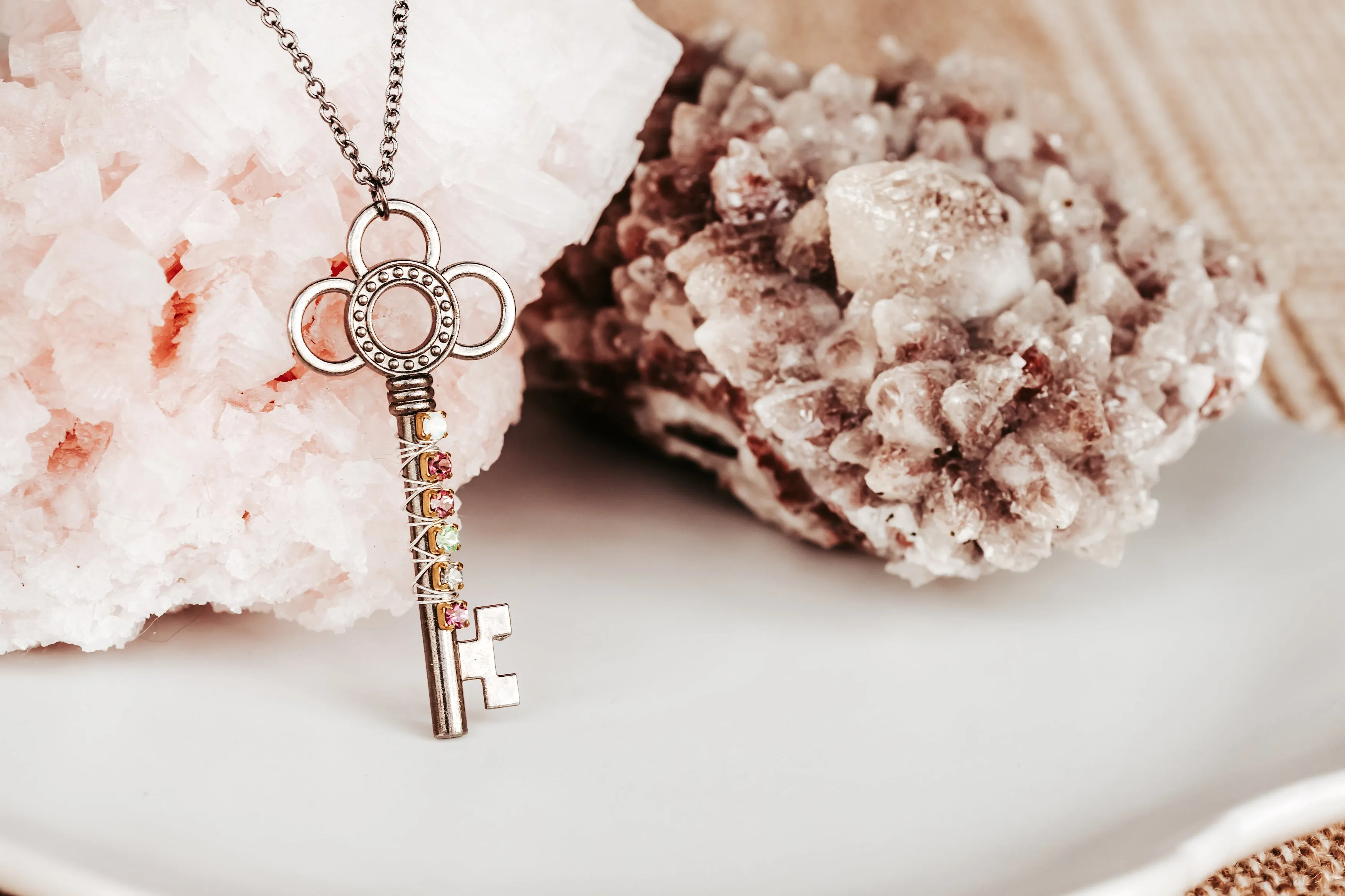 Rhinestone Wrapped Skeleton Key Necklace in Gunmetal