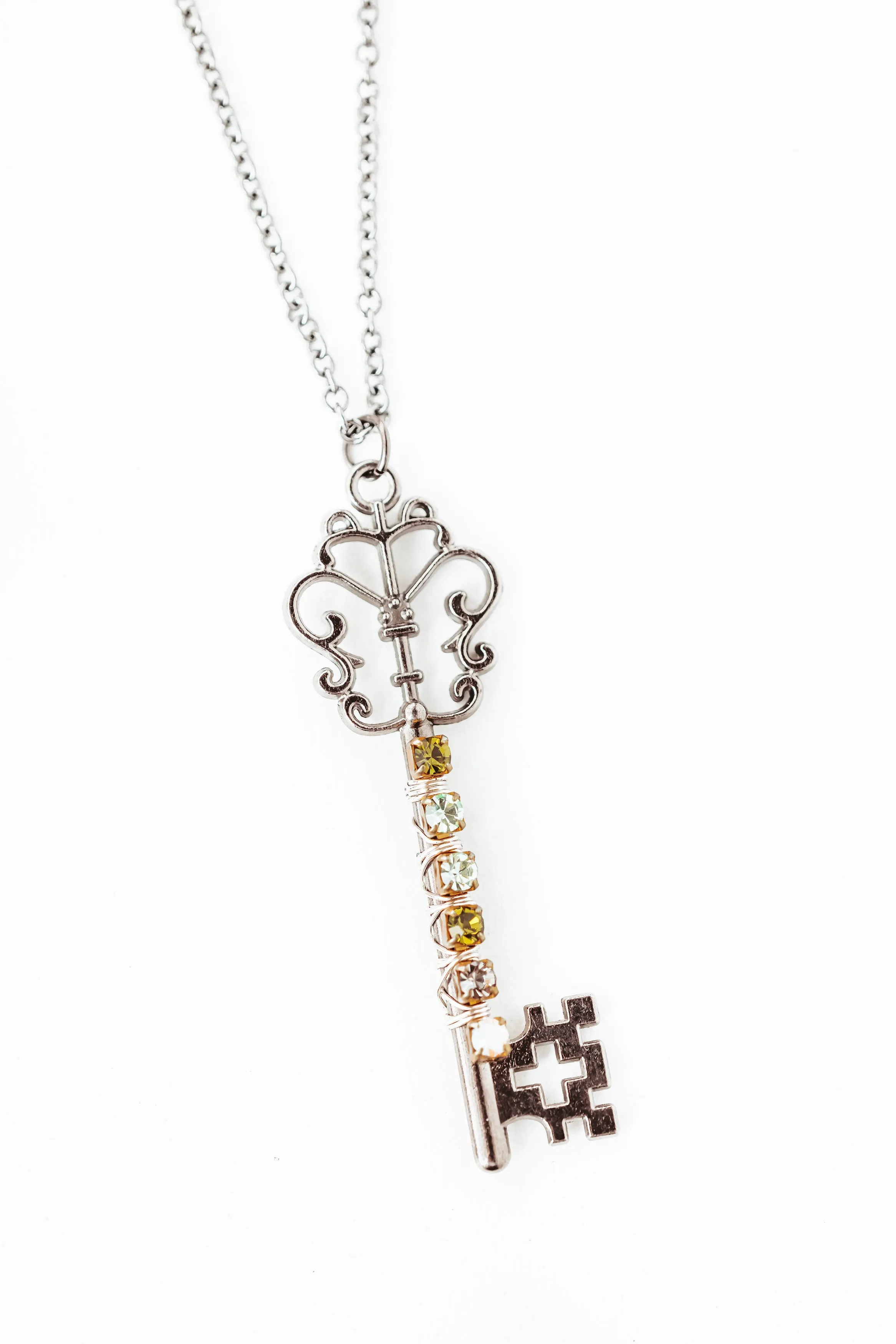 Rhinestone Wrapped Skeleton Key Necklace in Gunmetal