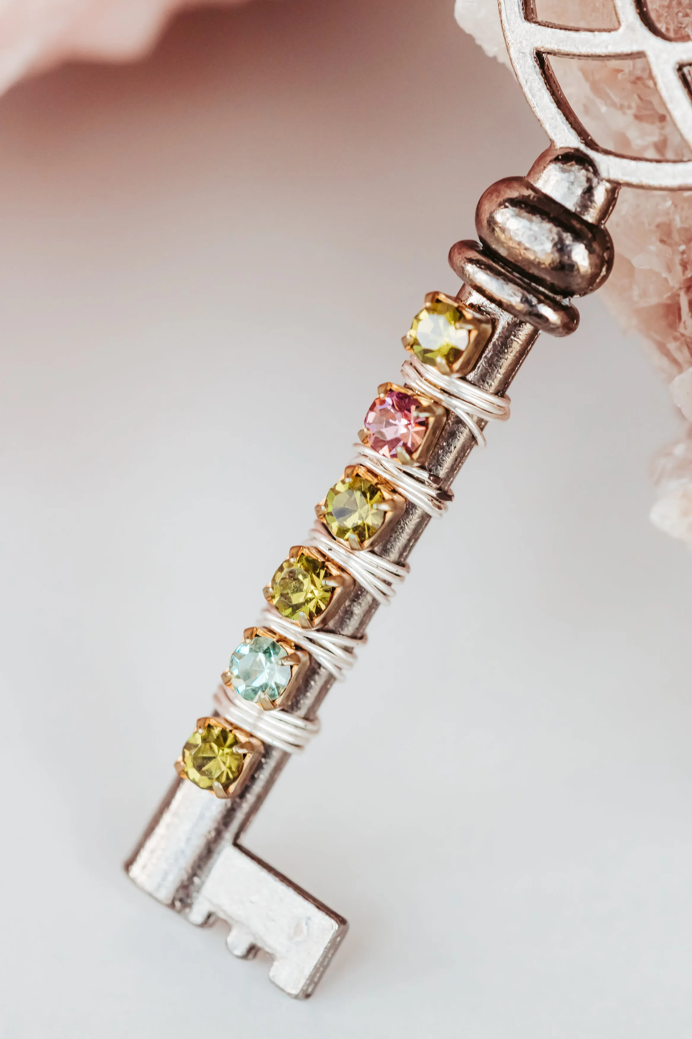Rhinestone Wrapped Skeleton Key Necklace in Gunmetal
